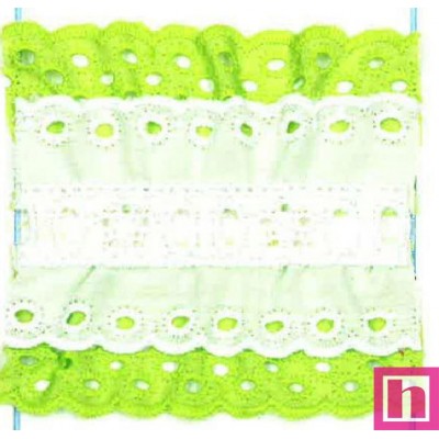 48144 BAYA GALON FRUNCIDO DOBLE BATISTA POLIESTER 60%-ALGODÓN 40% BLANCO/PISTACHO Venta en piezas de 11.00 M