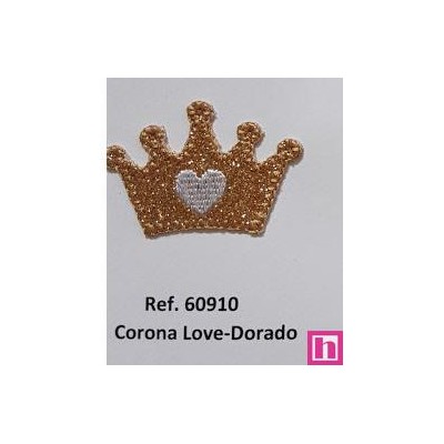 60910 APLICACION CORONA TERMO-ADHESIVA LOVE 4X3 POLIESTER 50%-VISCOSA 50% DORADO Venta en piezas de 6.00 U