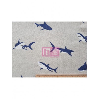 62533 LONETA HALP PANAMA ESTAMPADA OCEANO-TIBURON (01) 1.40 M. ALG. 80%-POL. 20% CRUDO/AZUL Venta en piezas de 7.00 M