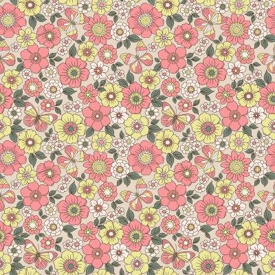 67902 TEJIDO ESTAMPADO LIBERTY ONNI (02) 1.40 M. 110 GR/M2. ALGODON 100% ROSA/AMARILLO Venta en piezas de 10.00 M