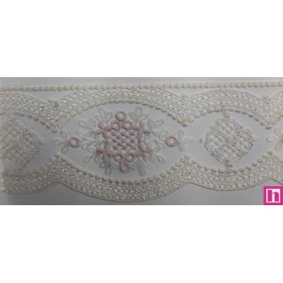 67174 PUNTILLA TUL BORDADO CLARA 65 MM. POLIESTER 100% MARFIL/ROSA Venta en piezas de 13.00 M
