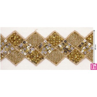 124311-100 GALON FANTASIA LENTEJUELAS ABASI 55 MM. PET+POLIESTER+CRISTAL DORADO Venta en piezas de 4.50 M