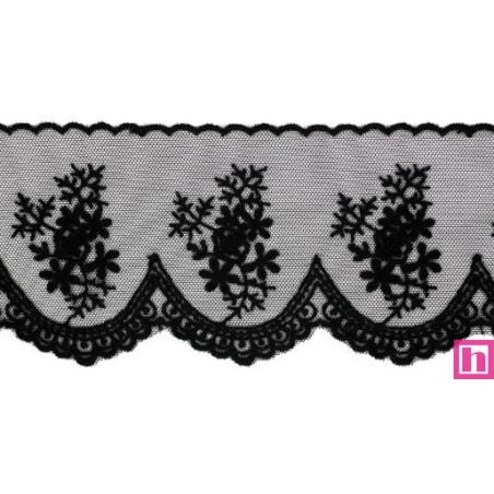 725354-0002 PUNTILLA TUL BORDADO ERIKA 85 MM. POLIESTER 50%-ALGODON 50% NEGRO Venta en piezas de 14.60 M