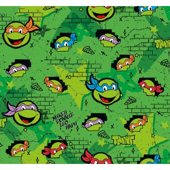 67239 TEJIDO ESTAMPADO TORTUGAS NINJA (00) 1.40 M. 130 GR/M2 ALGODON 100% VERDE Venta en piezas de 6.00 M