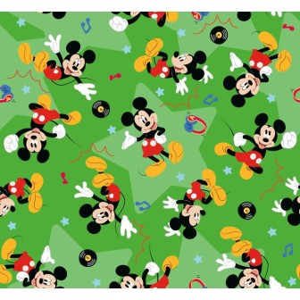 67910 TEJIDO ESTAMPADO MICKEY PARTY (00) 1.40 M. 130 GR/M2 ALGODON 100% VERDE Venta en piezas de 6.00 M