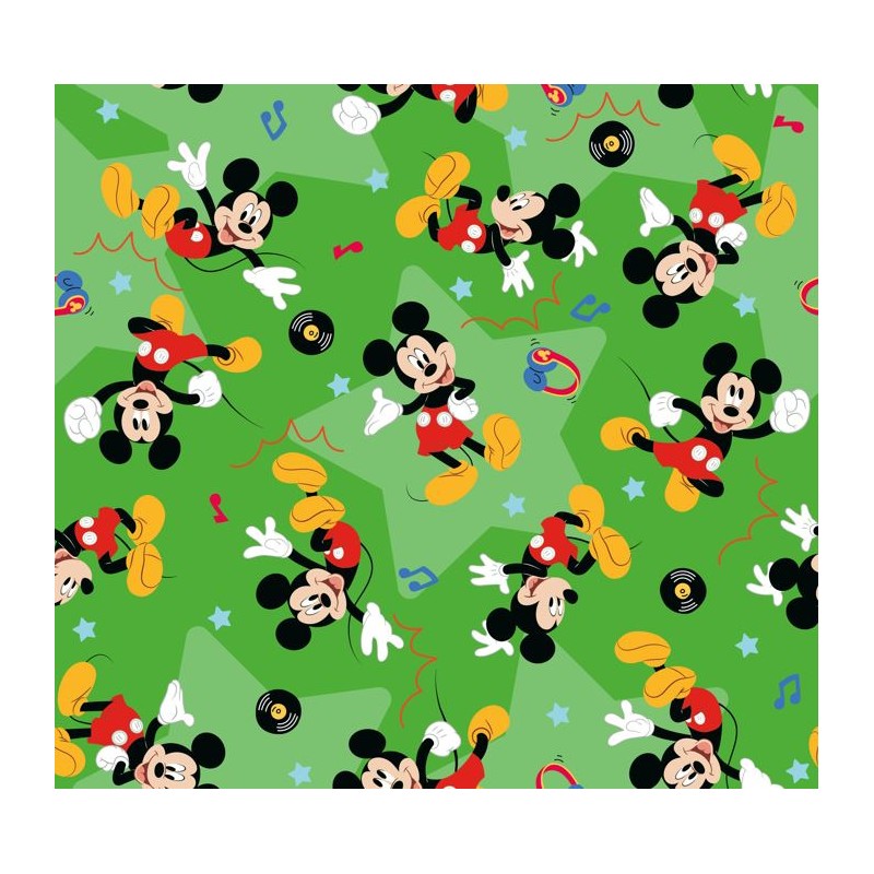 67910 TEJIDO ESTAMPADO MICKEY PARTY (00) 1.40 M. 130 GR/M2 ALGODON 100% VERDE Venta en piezas de 6.00 M