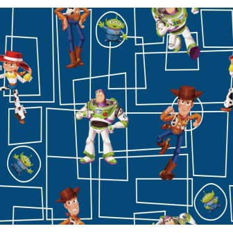 67914 TEJIDO ESTAMPADO TOY STORY (00) 1.40 M. 130 GR/M2 ALGODON 100% AZUL Venta en piezas de 6.00 M