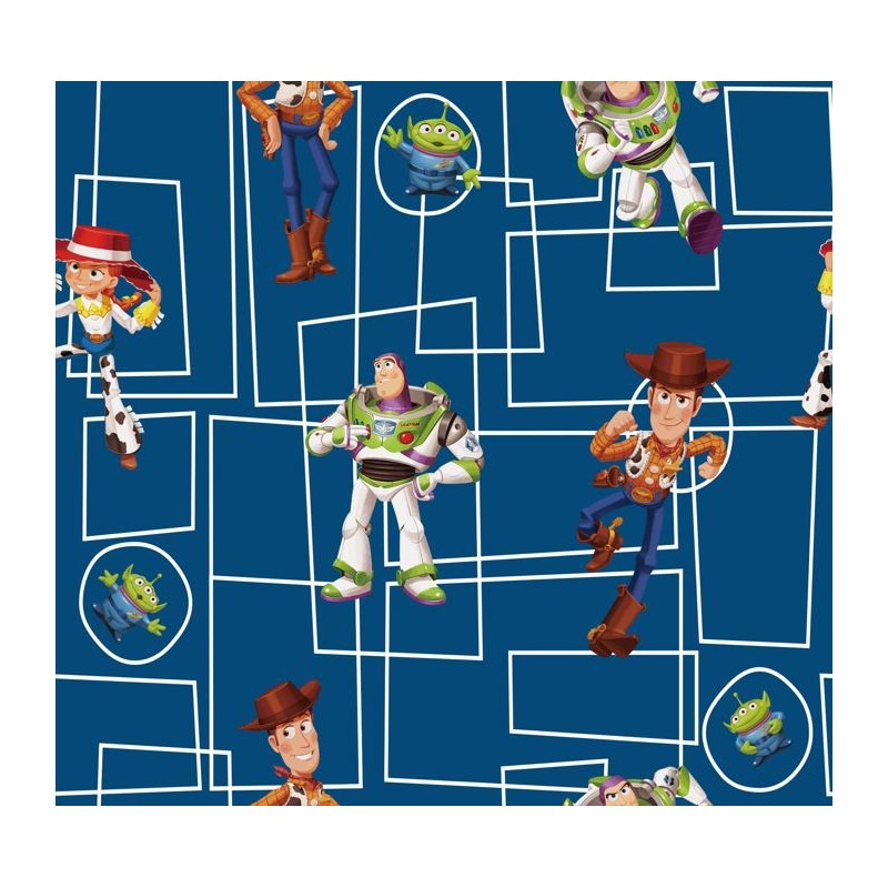 67914 TEJIDO ESTAMPADO TOY STORY (00) 1.40 M. 130 GR/M2 ALGODON 100% AZUL Venta en piezas de 6.00 M