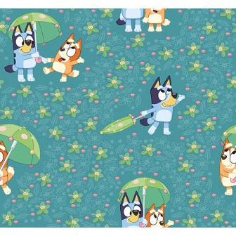 67919 TEJIDO ESTAMPADO BLUEY AND FRIENDS (00) 1.40 M. 130 GR/M2 ALGODON 100% VERDE Venta en piezas de 6.00 M
