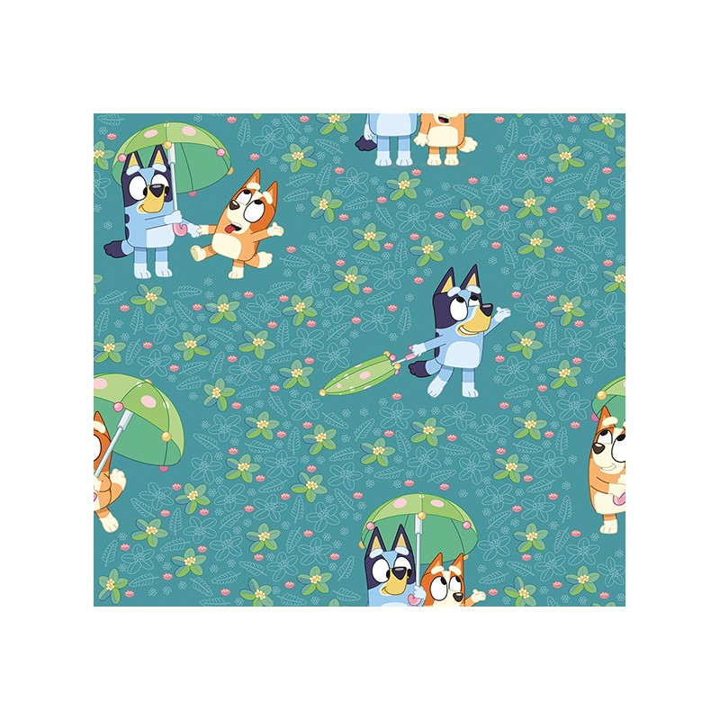 67919 TEJIDO ESTAMPADO BLUEY AND FRIENDS (00) 1.40 M. 130 GR/M2 ALGODON 100% VERDE Venta en piezas de 6.00 M