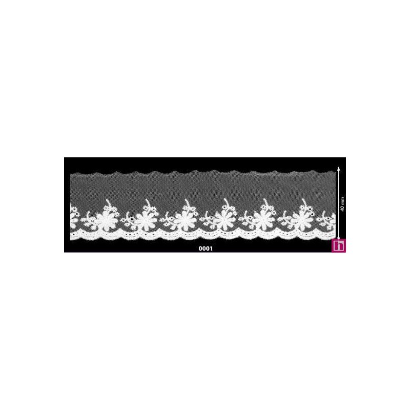 725358-0001 PUNTILLA TUL BORDADO HANY 40 MM. POLIESTER 50%-ALGODON 50% BLANCO Venta en piezas de 14.60 M