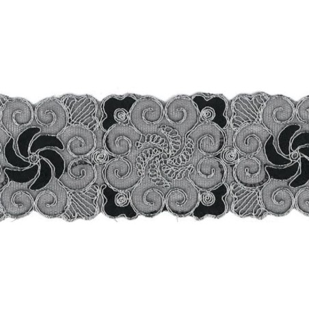 9689-8392 GALON FANTASIA CIHAN 60 MM. POLIAMIDA 60%-POL.35%-ALG.5% NEGRO/PLATA Venta en piezas de 9.10 M
