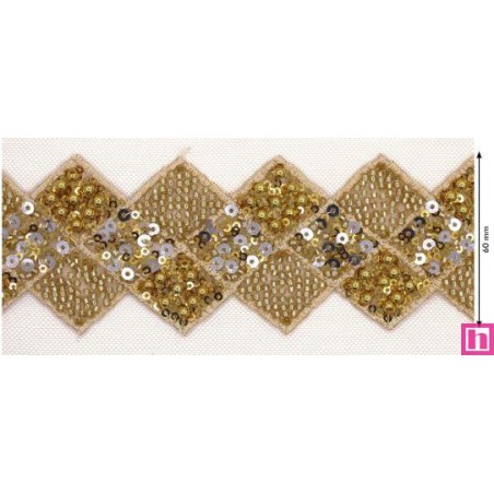124311-100 GALON FANTASIA LENTEJUELAS ABASI 55 MM. PET+POLIESTER+CRISTAL DORADO Venta en piezas de 4.50 M