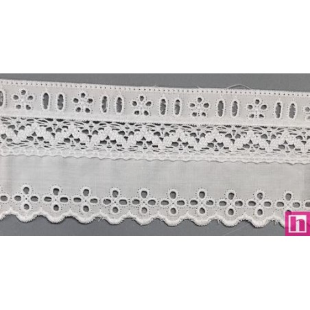 145744-000 PUNTILLA PASACINTAS BATISTA+BOLILLO ALONDRA 60 MM. POLIESTER 50%-ALGODON 50% BLANCO Venta en piezas de 13.80 M