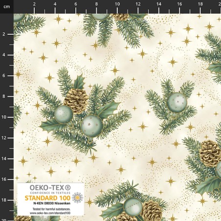4593-011 PATCH.AMERICANO CHRISTMAS TIME (11) 110 CM. ALGODON 100% CREMA/EUCALIPTO/DORADO METALLIC Venta en piezas de 6.00 M