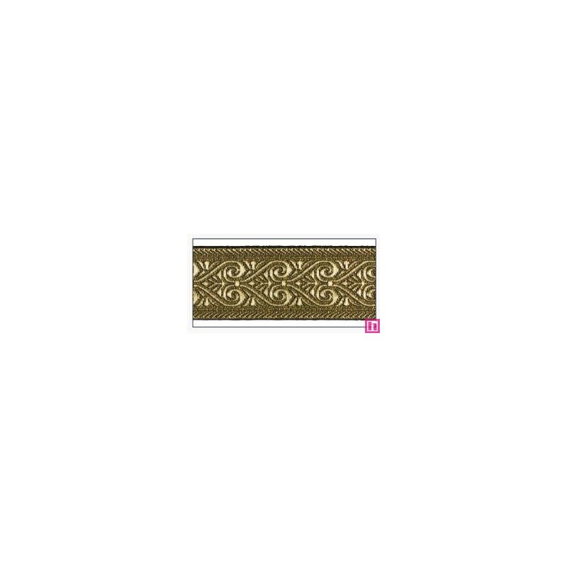 606031-50-102 CINTA JACQUARD MINOS 50 MM. POLIESTER 100% NEGRO/DORADO Venta en piezas de 10.00 M
