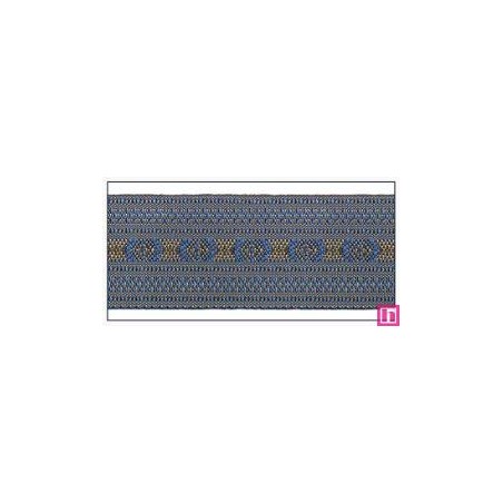 606033-50-07 CINTA JACQUARD CLEO 50 MM. POLIESTER 100% AZUL/DORADO Venta en piezas de 10.00 M