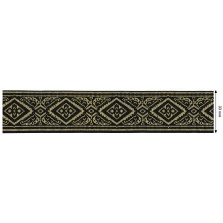 655377-100 CINTA JACQUARD RAYAN 33 MM. POLIESTER 100% NEGRO/DORADO Venta en piezas de 7.00 M