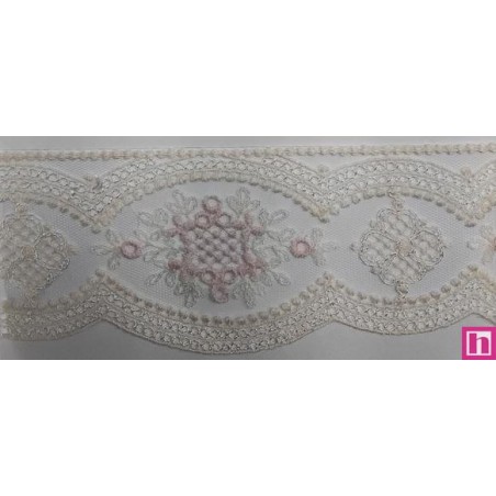 67174 PUNTILLA TUL BORDADO CLARA 65 MM. POLIESTER 100% MARFIL/ROSA Venta en piezas de 13.00 M