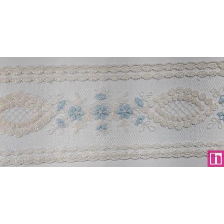 67181 ENTREDOS TUL BORDADO BEATRIZ 60 MM. POLIESTER 100% MARFIL/CELESTE Venta en piezas de 13.00 M