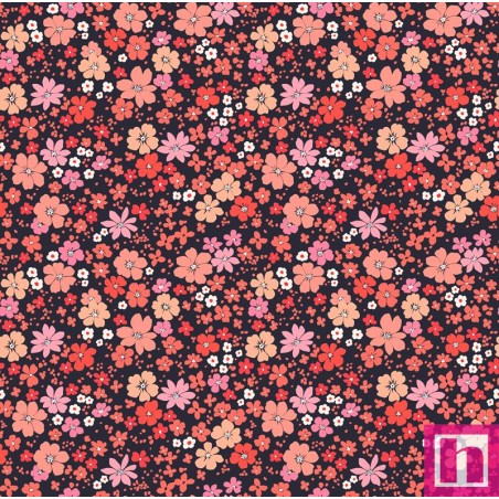 67471 TEJIDO ESTAMPADO LIBERTY DAYANA (01) 1.40 M. 110 GR/M2. ALGODON 100% NEGRO/NARANJA Venta en piezas de 10.00 M