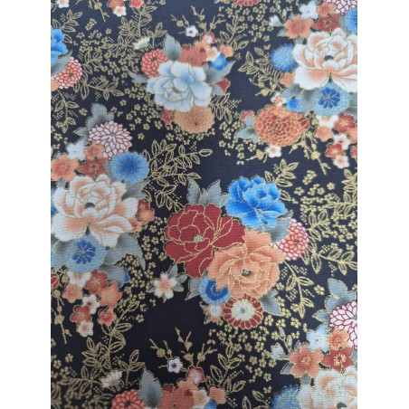68167 TEJIDO ESTAMPADO LOTUS (02) 1.45 M. 155 GR/M2. ALGODON 100% NEGRO/DORADO Venta en piezas de 10.00 M