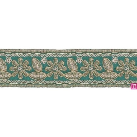 981254-0013 GALON FANTASIA ADONIS 45 MM. POLIESTER+PET VERDE/DORADO Venta en piezas de 9.30 M