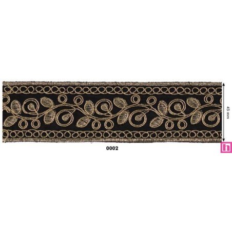 981258-0002 GALON FANTASIA COSINA 45 MM. POLIESTER+PET NEGRO/DORADO Venta en piezas de 9.10 M
