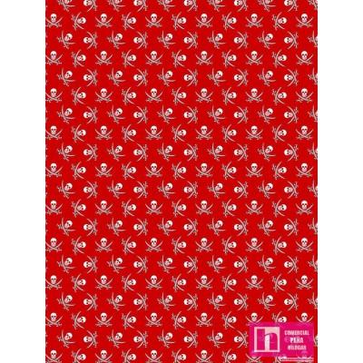 62652 TEJIDO ESTAMPADO CALAVERA PIRATA (02) 1.50 M. ALGODON 100% ROJO Venta en piezas de 10.00 M