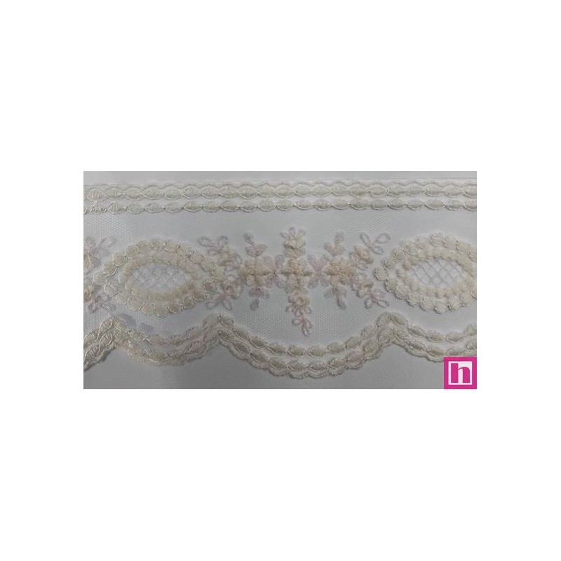67180 PUNTILLA TUL BORDADO BEATRIZ 72 MM. POLIESTER 100% MARFIL/ROSA Venta en piezas de 13.00 M