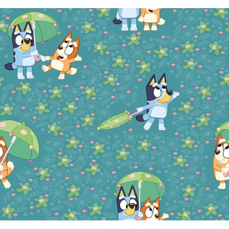 67919 TEJIDO ESTAMPADO BLUEY AND FRIENDS (00) 1.40 M. 130 GR/M2 ALGODON 100% VERDE Venta en piezas de 6.00 M