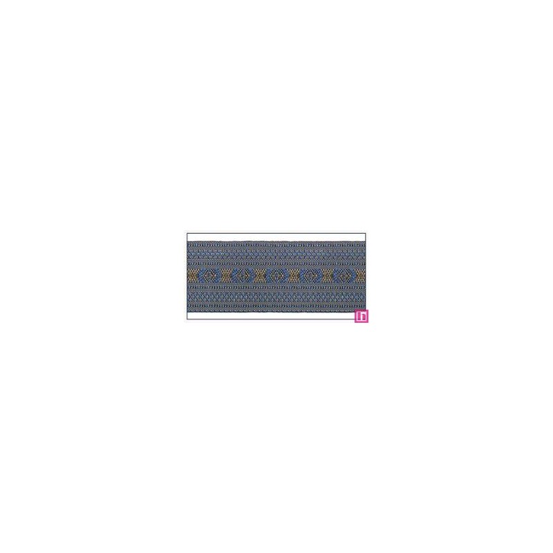 606033-50-07 CINTA JACQUARD CLEO 50 MM. POLIESTER 100% AZUL/DORADO Venta en piezas de 10.00 M