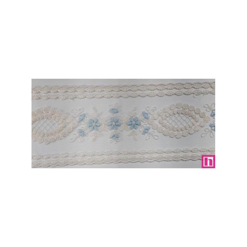 67181 ENTREDOS TUL BORDADO BEATRIZ 60 MM. POLIESTER 100% MARFIL/CELESTE Venta en piezas de 13.00 M