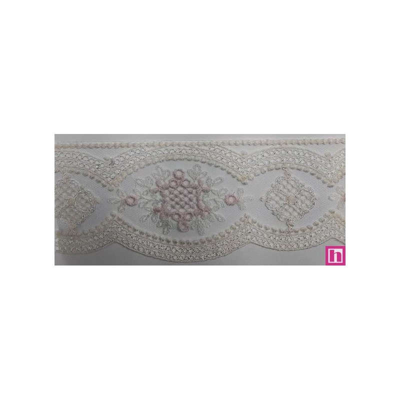 67174 PUNTILLA TUL BORDADO CLARA 65 MM. POLIESTER 100% MARFIL/ROSA Venta en piezas de 13.00 M