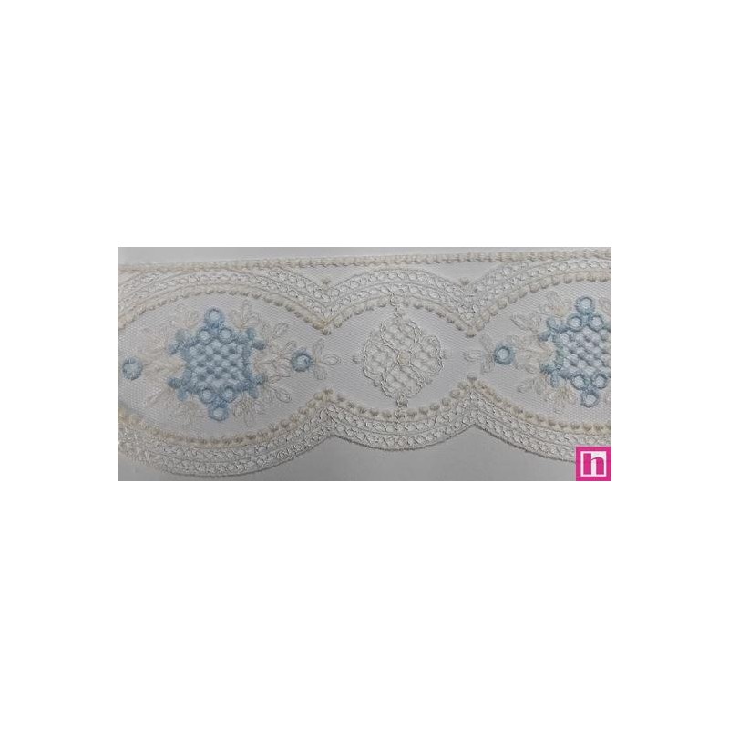 67176 PUNTILLA TUL BORDADO CLARA 65 MM. POLIESTER 100% MARFIL/CELESTE Venta en piezas de 13.00 M