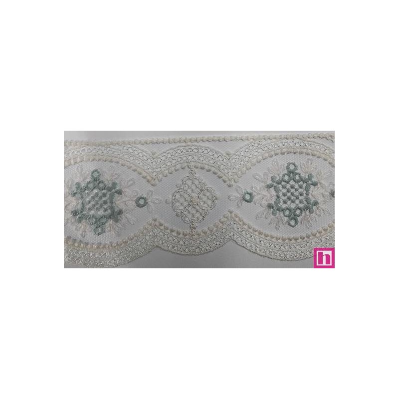 67178 PUNTILLA TUL BORDADO CLARA 65 MM. POLIESTER 100% MARFIL/VERDE Venta en piezas de 13.00 M