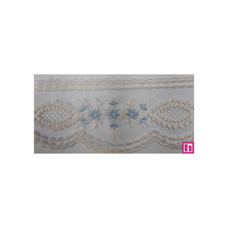 67182 PUNTILLA TUL BORDADO BEATRIZ 72 MM. POLIESTER 100% MARFIL/CELESTE Venta en piezas de 13.00 M