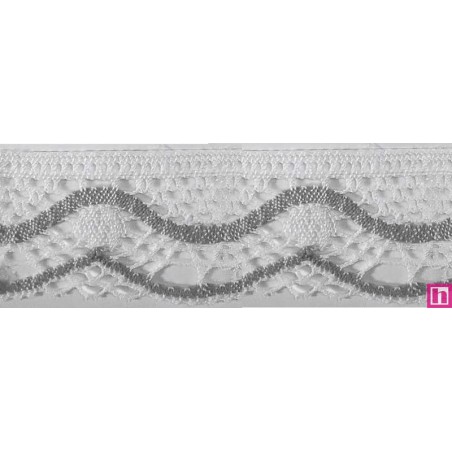9622-017 PUNTILLA BOLILLO KEILY 45 MM. POLIESTER 100% BLANCO/GRIS Venta en piezas de 25.00 M