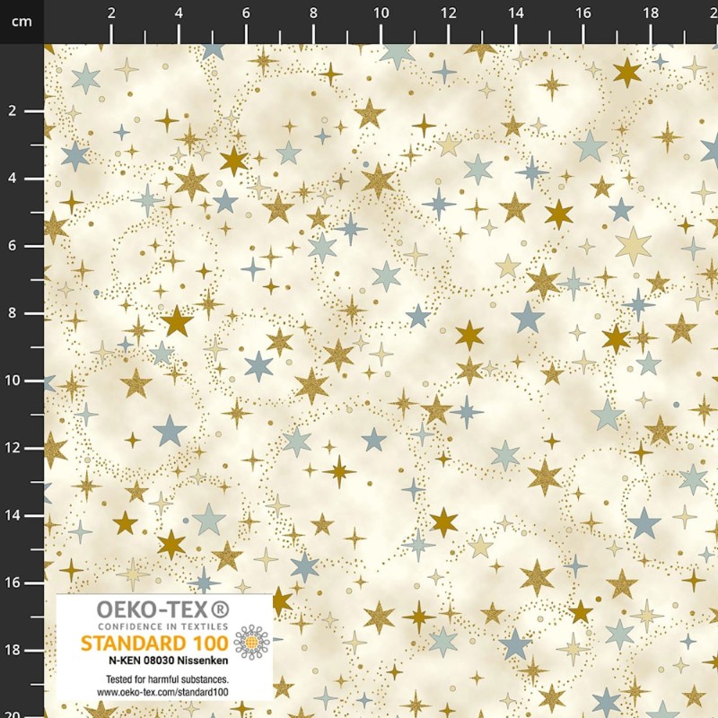 4593-020 PATCH.AMERICANO CHRISTMAS TIME (17) 110 CM. ALGODON 100% CREMA/AZUL/DORADO METALLIC Venta en piezas de 6.00 M