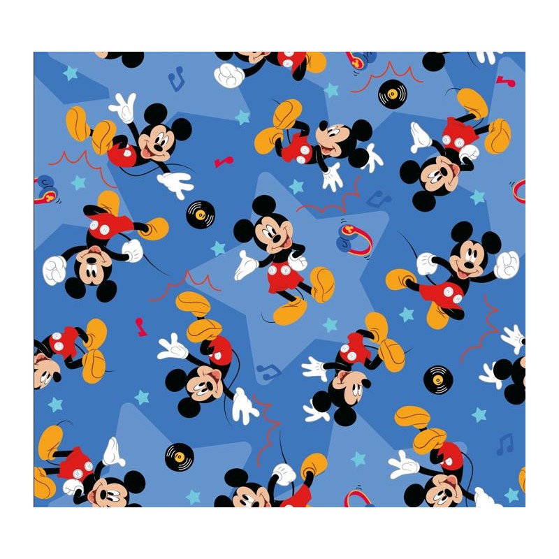 67909 TEJIDO ESTAMPADO MICKEY PARTY (00) 1.40 M. 130 GR/M2 ALGODON 100% AZUL Venta en piezas de 6.00 M