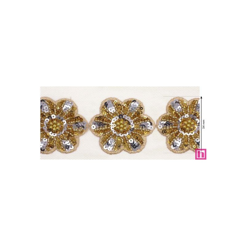 124315-100 GALON FANTASIA LENTEJUELAS ABASI 60 MM. PET+POLIESTER+CRISTAL DORADO Venta en piezas de 4.50 M