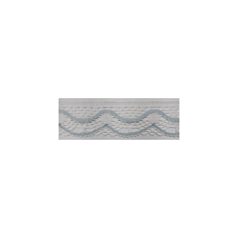 9622-001 PUNTILLA BOLILLO KEILY 45 MM. POLIESTER 100% BLANCO/CELESTE Venta en piezas de 25.00 M