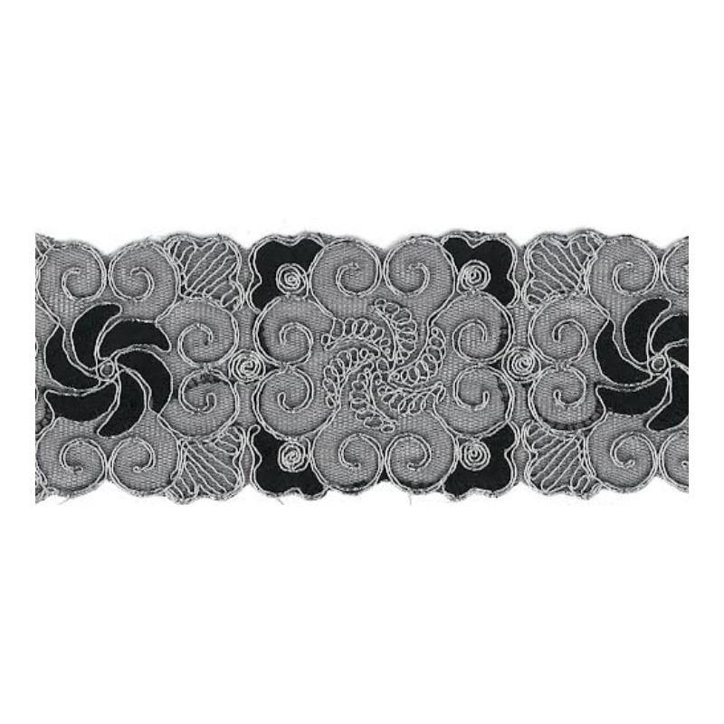 9689-8392 GALON FANTASIA CIHAN 60 MM. POLIAMIDA 60%-POL.35%-ALG.5% NEGRO/PLATA Venta en piezas de 9.10 M
