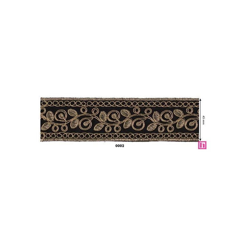 981258-0002 GALON FANTASIA COSINA 45 MM. POLIESTER+PET NEGRO/DORADO Venta en piezas de 9.10 M