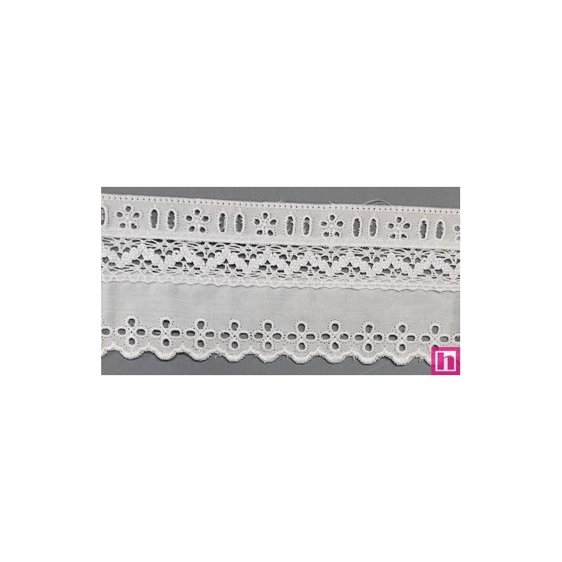 145744-000 PUNTILLA PASACINTAS BATISTA+BOLILLO ALONDRA 60 MM. POLIESTER 50%-ALGODON 50% BLANCO Venta en piezas de 13.80 M