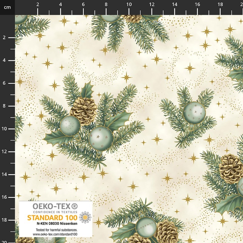 4593-011 PATCH.AMERICANO CHRISTMAS TIME (11) 110 CM. ALGODON 100% CREMA/EUCALIPTO/DORADO METALLIC Venta en piezas de 6.00 M