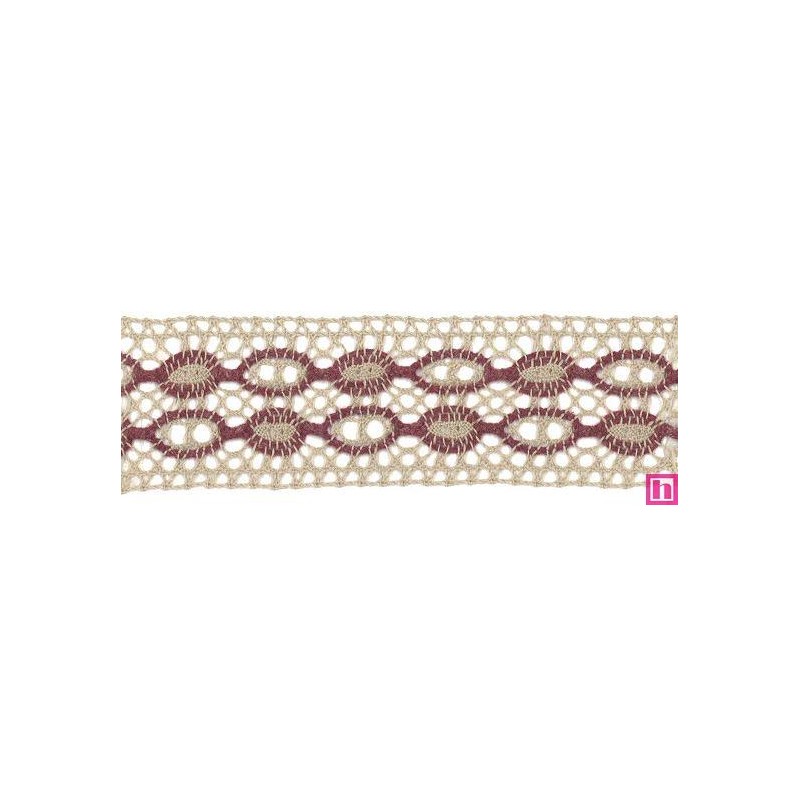 53658 LARAINE ENTREDOS BOLILLO 55 MM. POLIESTER 75%-LINO 25% CAMEL/VINO Venta en piezas de 15.00 M