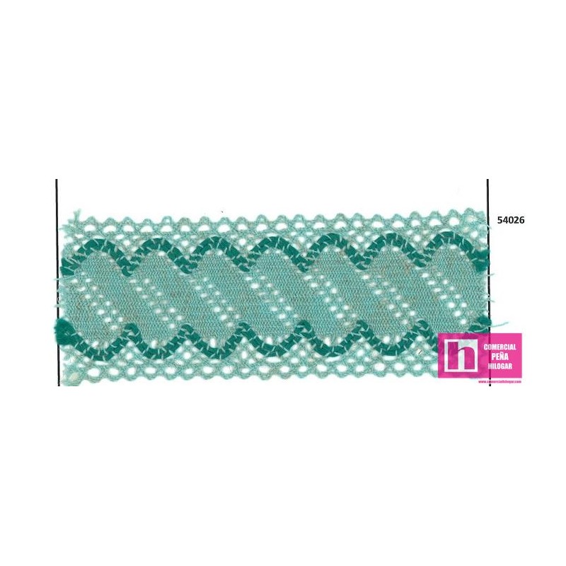 54026 LINA ENTREDOS BOLILLO 55 MM. POLIESTER 50%-LINO 50% AGUA/VERDE Venta en piezas de 15.00 M