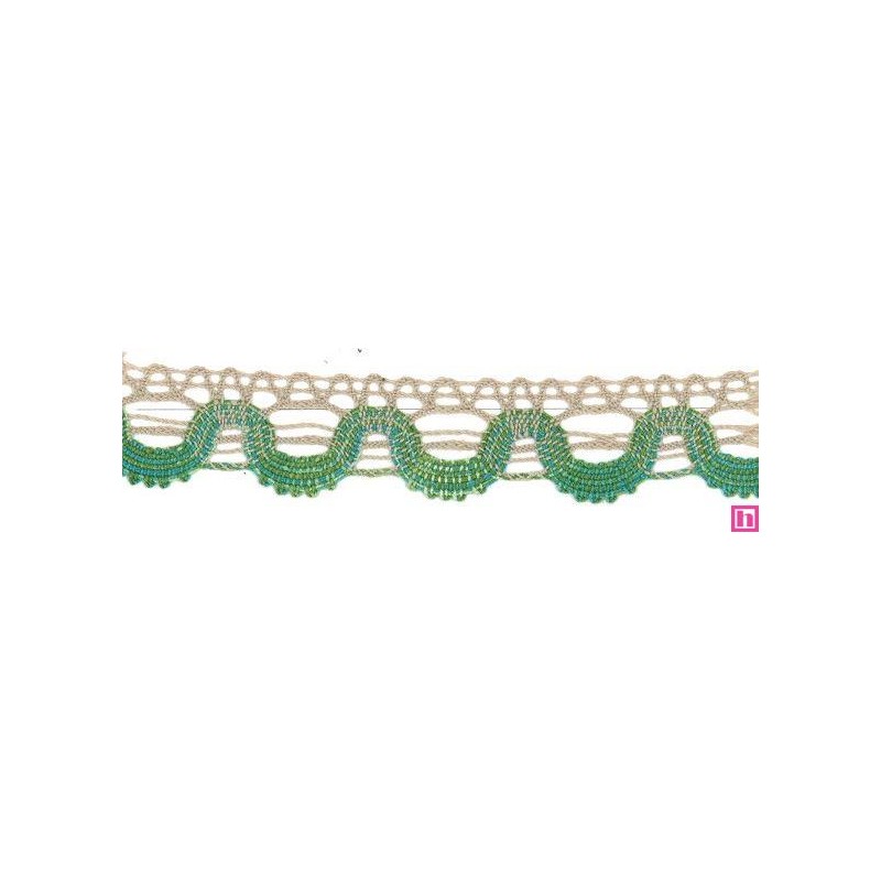 56829 ANAUEL PUNTILLA BOLILLO 30 MM. POLIESTER 50%-ALGODON 50% CAMEL/VERDE MATIZADO Venta en piezas de 15.00 M