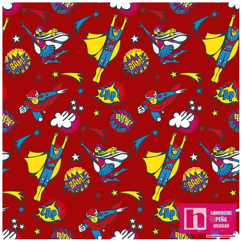 62711 TEJIDO ESTAMPADO EURO HEROES (01) 1.50 M. ALGODON 100% ROJO Venta en piezas de 5.00 M